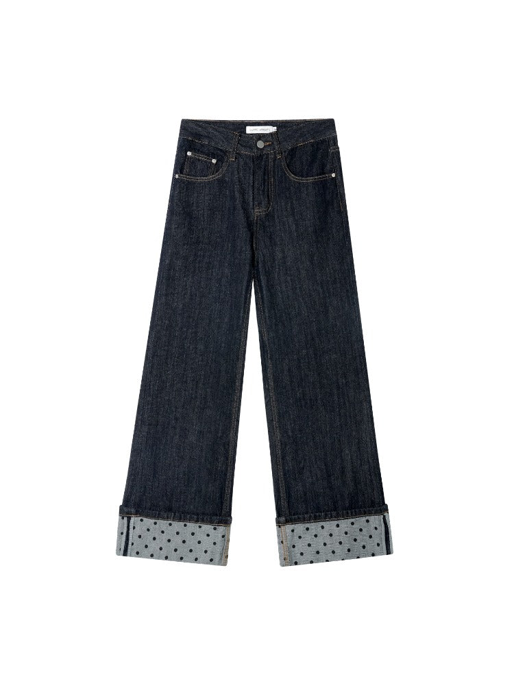 Contrast Cuff Polka Dot Denim Pants