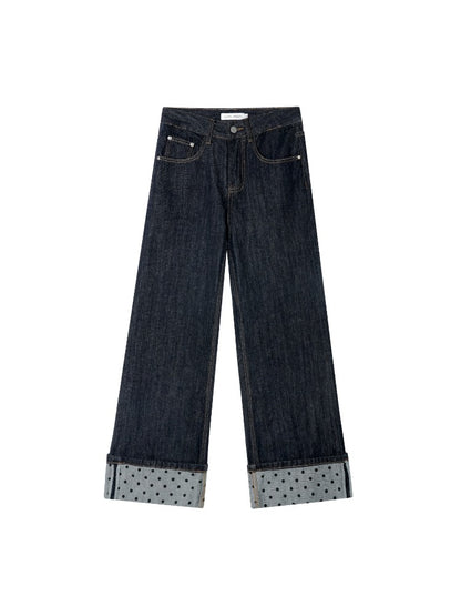 Contrast Cuff Polka Dot Denim Pants