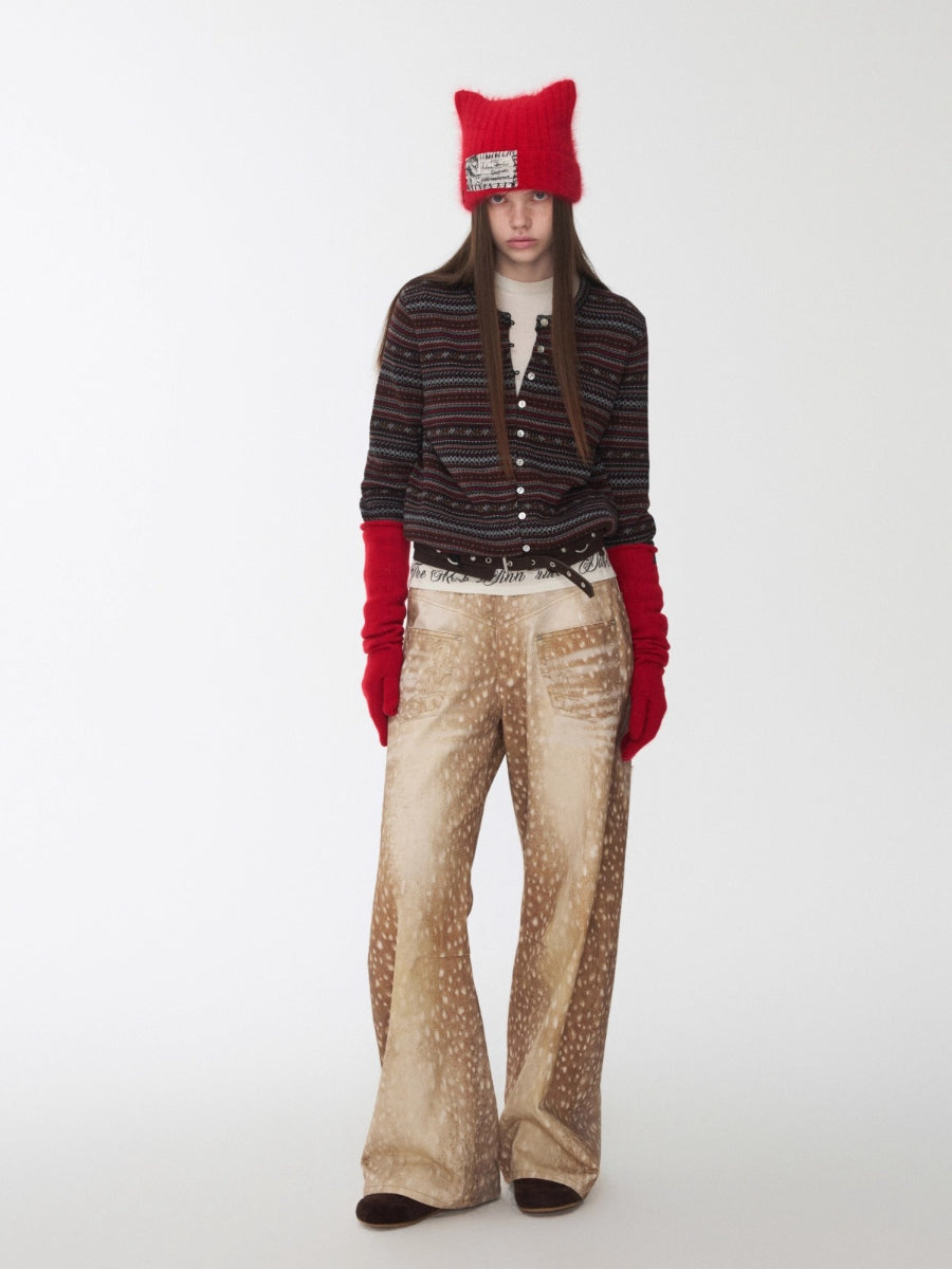 Vintage Deer Print Curved-Leg Canvas Pants