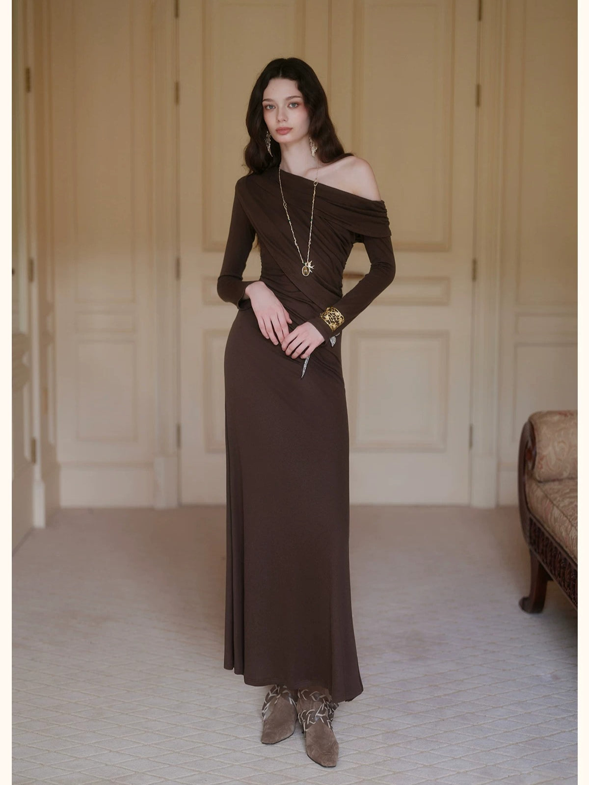 Asymmetric Off-Shoulder Wool Dress