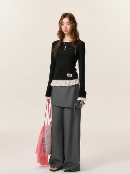 Patchwork Fake Two-Piece Wide-Leg Suit Pants