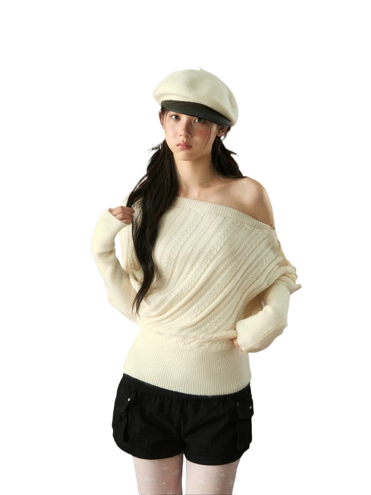 Off-Shoulder Cable Knit Sweater
