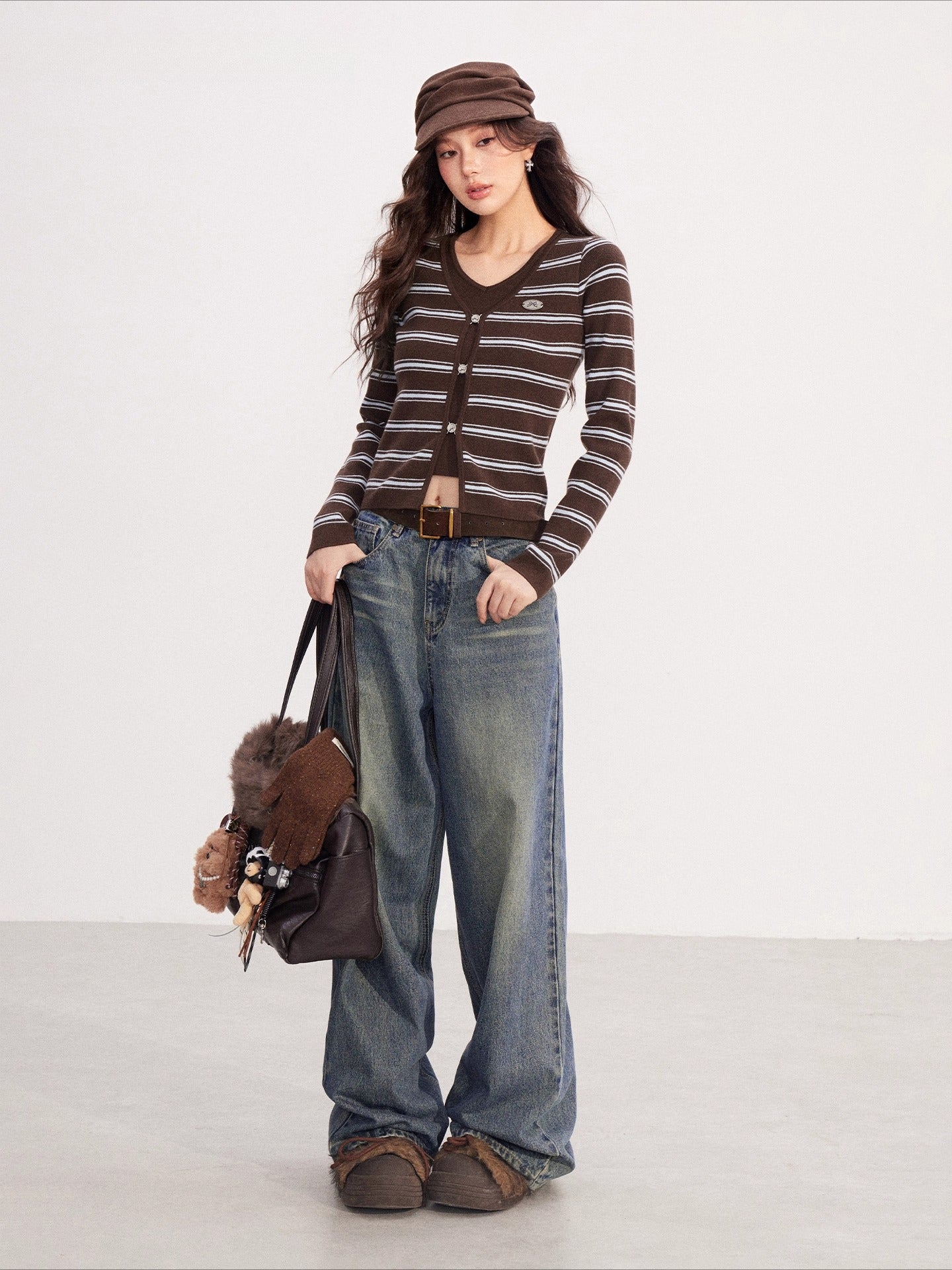 Fake Two-piece V-neck Striped Knit Top