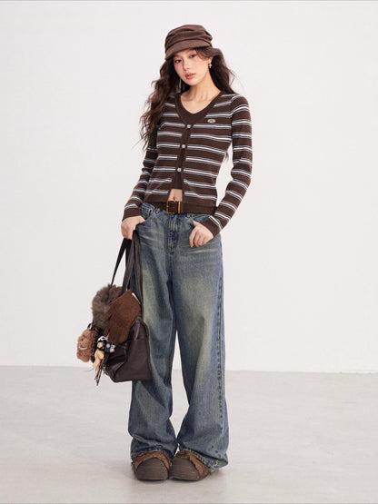 Fake Two-piece V-neck Striped Knit Top