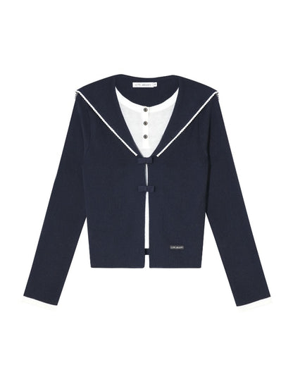 Navy Blue &amp; Gray Sailor-Bow Knit Cardigan