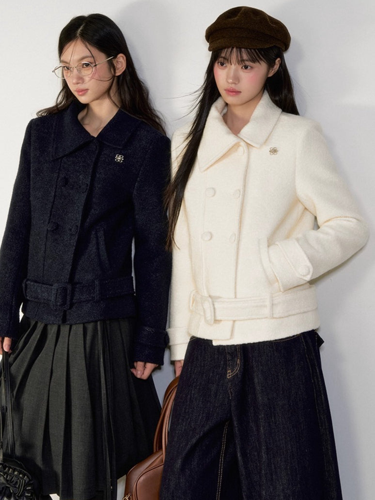 Diagonal Collar Double-Breasted Wool Coat