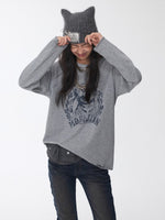 Distressed Cat Graphic Long Sleeve Cotton T-shirt