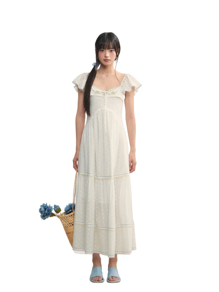 White Square Neck Hollow Embroidered Dress