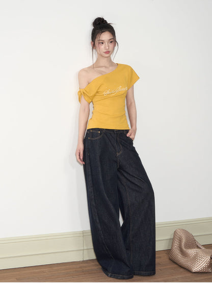 Pearl Waist - Cinching Off-Shoulder T-shirt