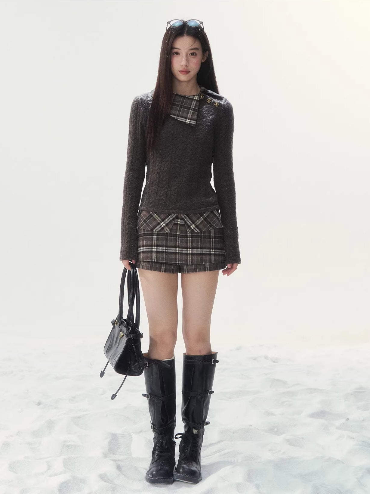 Plaid Collar Knit Set