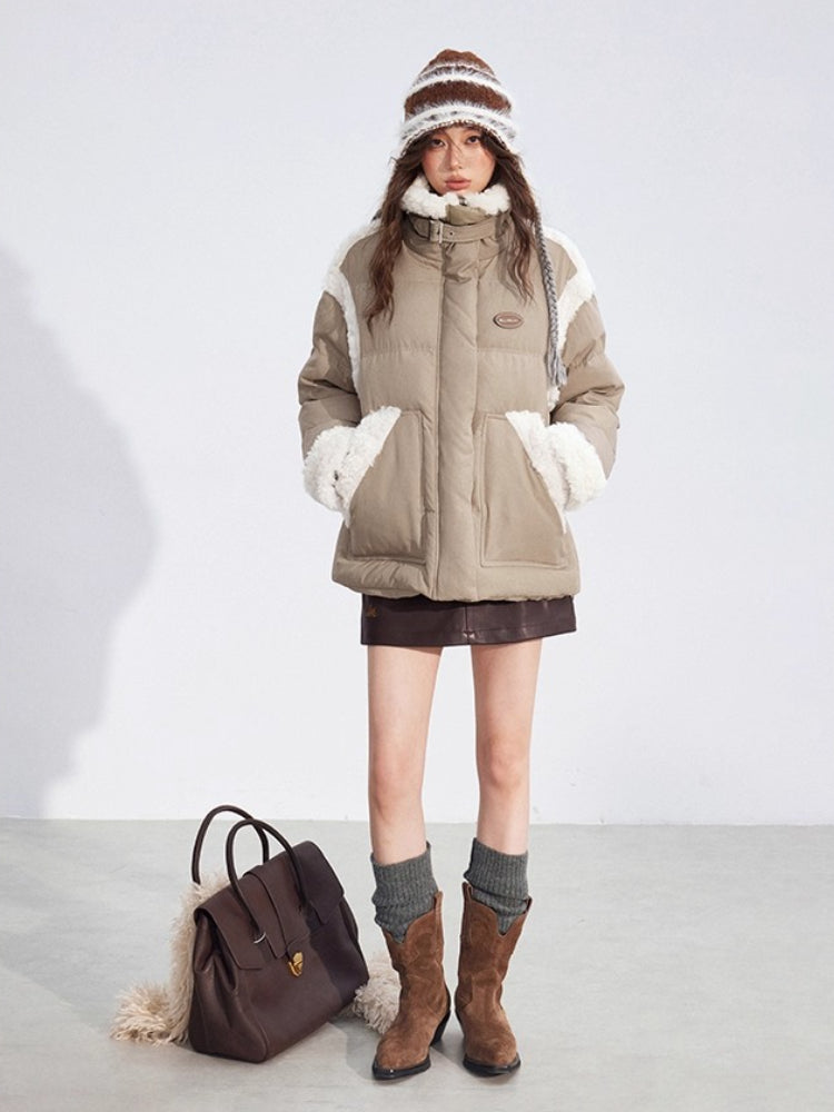 Shearling Patchwork White Down Puffer Jacket
