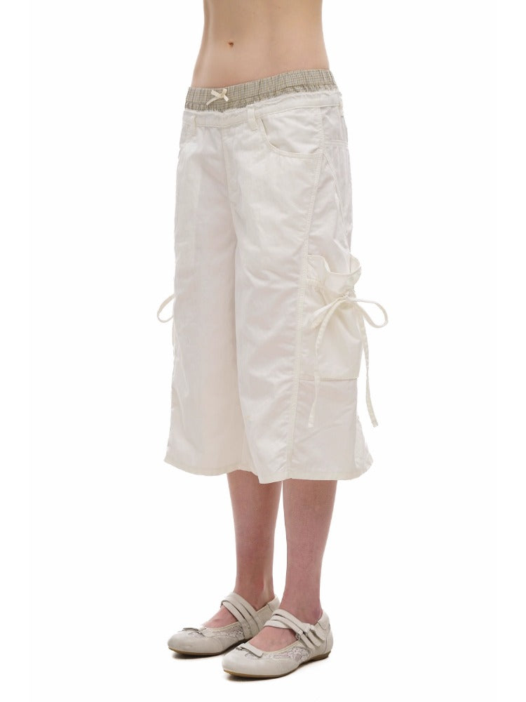 2-in-1 Plaid Satin Ribbon Bow Capri Pants