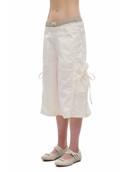 2-in-1 Plaid Satin Ribbon Bow Capri Pants
