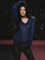 Slightly Sheer V Neck Cable Knit Sweater