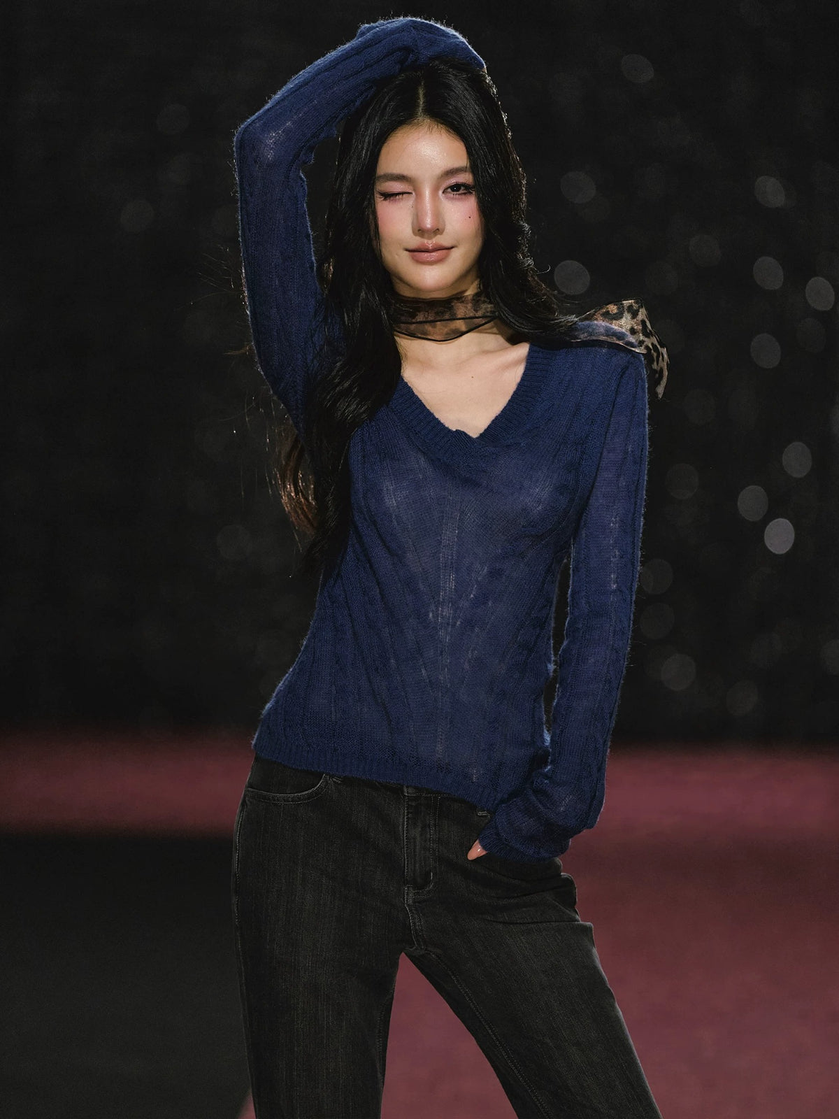 Slightly Sheer V Neck Cable Knit Sweater