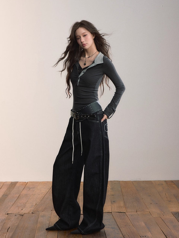 Contrast Collar Lace-Trim Long Sleeve T-shirt