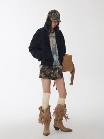 Zip-Up Shearling Textured Fitted Short Coat