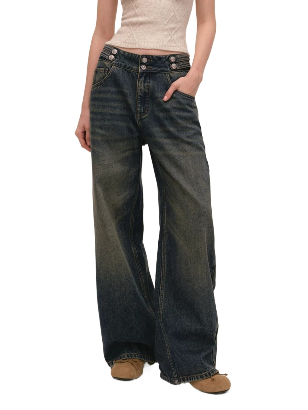Vintage Double Button Wide-Leg Jeans