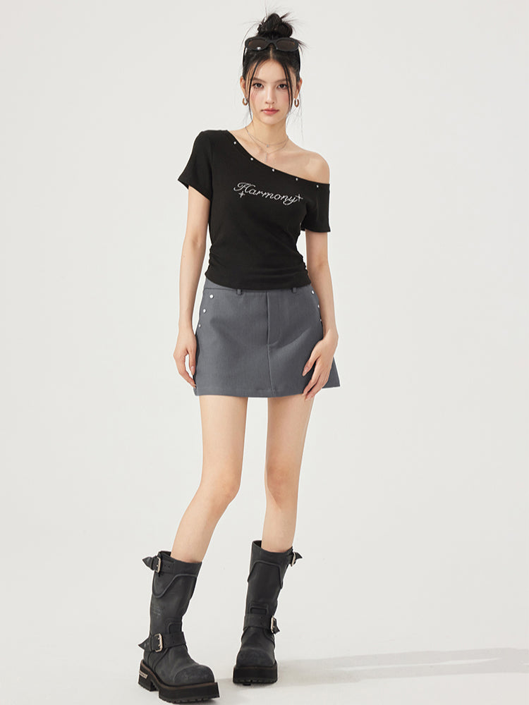High-Elasticity Star-Studded Diagonal Shoulder T-Shirt