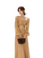 Brown Off Shoulder Butterfly Knot Maxi Dress