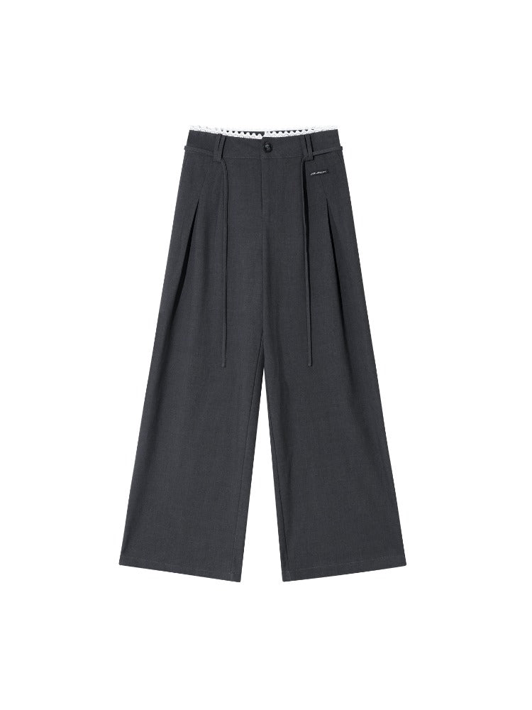 Lace-Trim Waist Tie Wide-Leg Pants