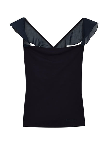 Navy Draped Flutter Sleeve Top