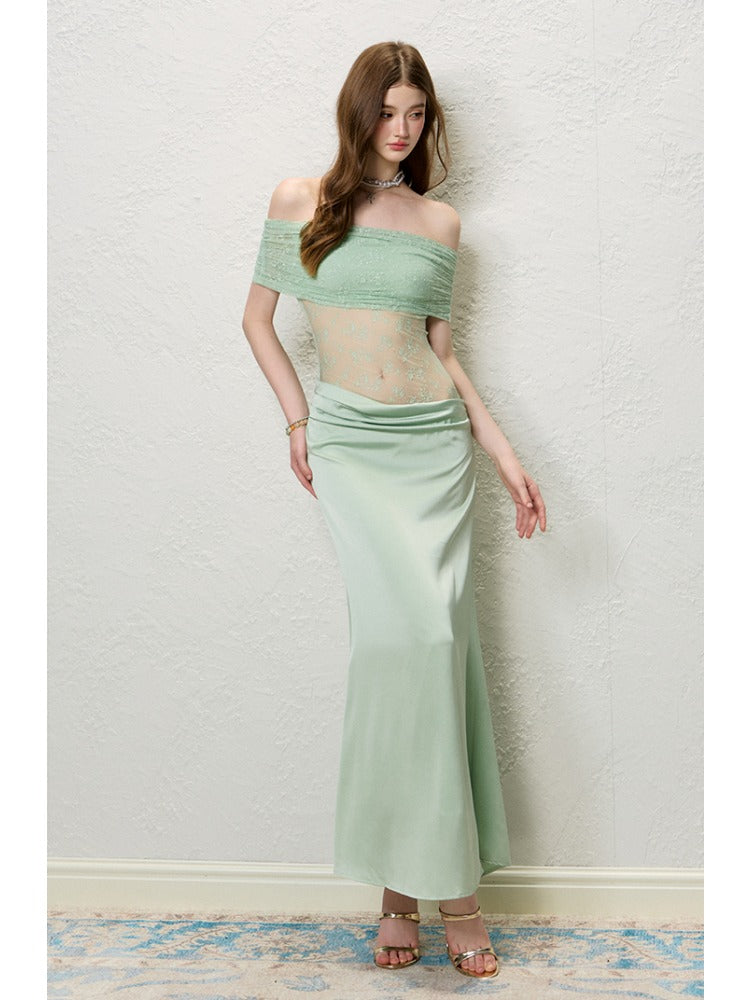 Green &amp; Black Lace Off-Shoulder Slip Dress