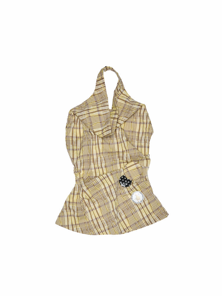 Plaid Halter Neck Backless Tank Top &amp; Midi Skirt Set