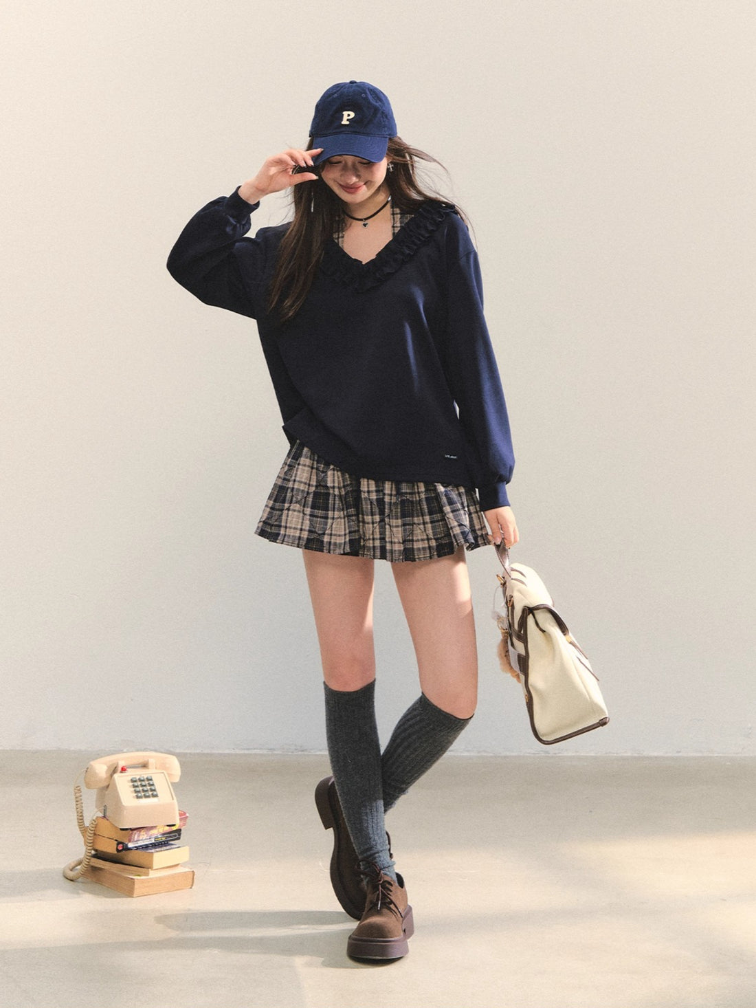 Navy Blue Plaid Halter Ruffle Sweatshirt &amp; Skirt set