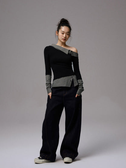 Asymmetric Collar Fake Two-Piece Fitted Blouse