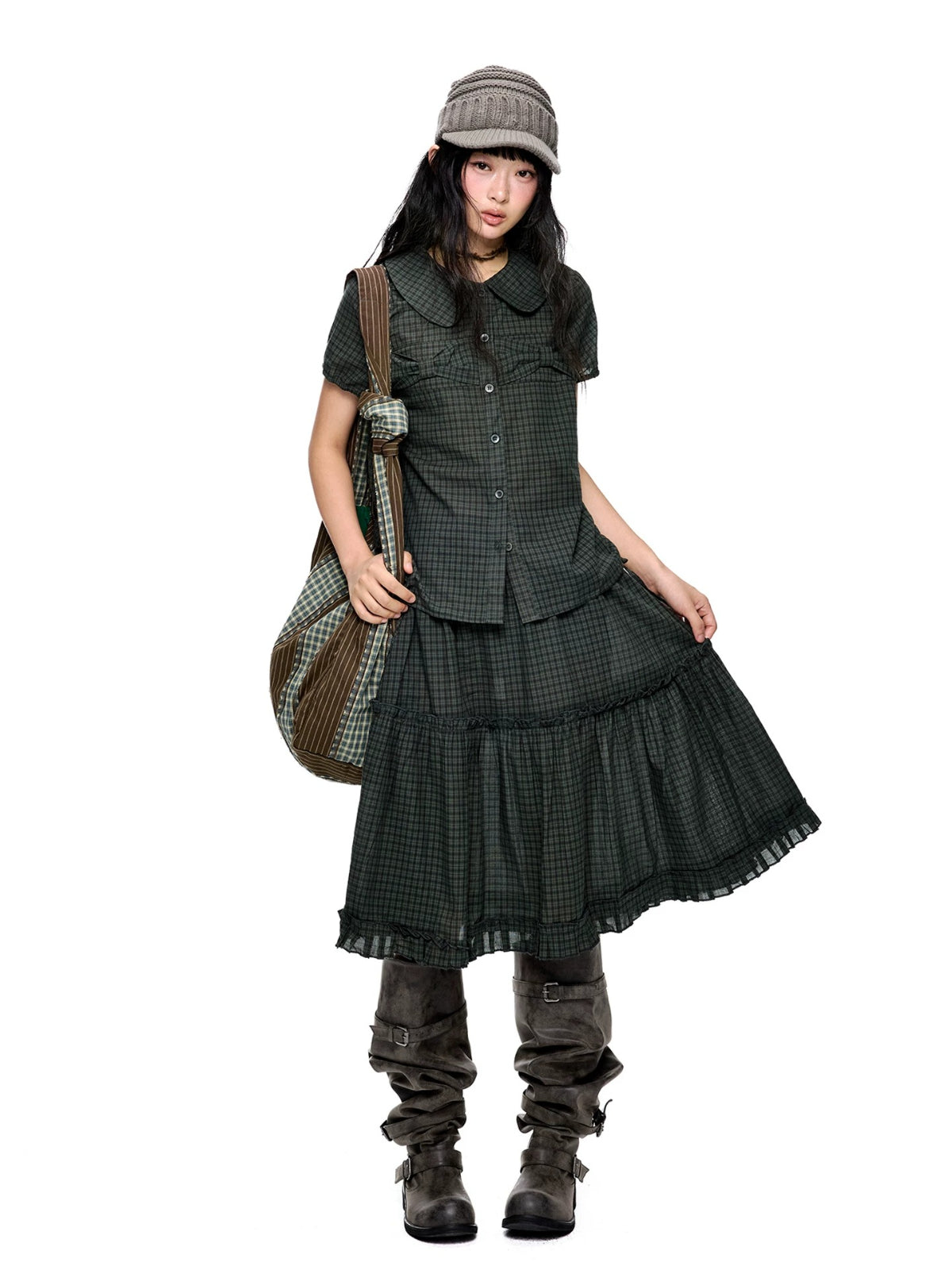Polka Dot Collar Shirt &amp; Skirt Set