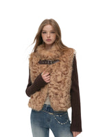 Leopard Faux Fur Sleeve Vest Jacket