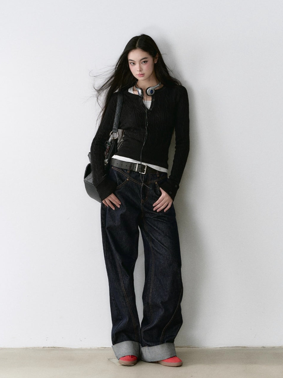 Dark Blue Raw-Hem Wide-Leg Denim Pants
