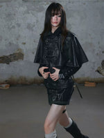 Detachable Cape Belted Leather Jacket