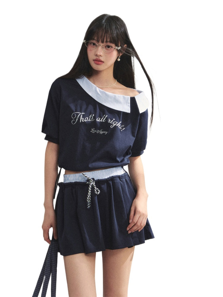 Grey Asymmetric Shoulder Striped Patchwork Short-Sleeve & Skirt Set