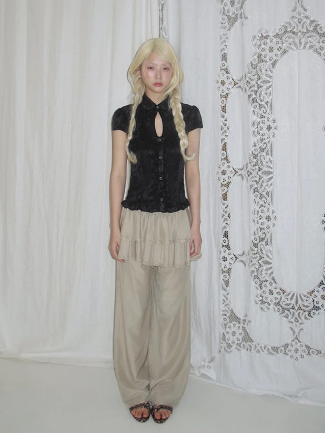 Ruffled Stand Collar Short Sleeve Top