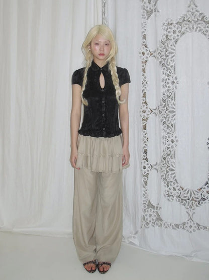 Ruffled Stand Collar Short Sleeve Top