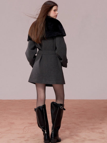 Fur Collar Cape-Style Wool Coat