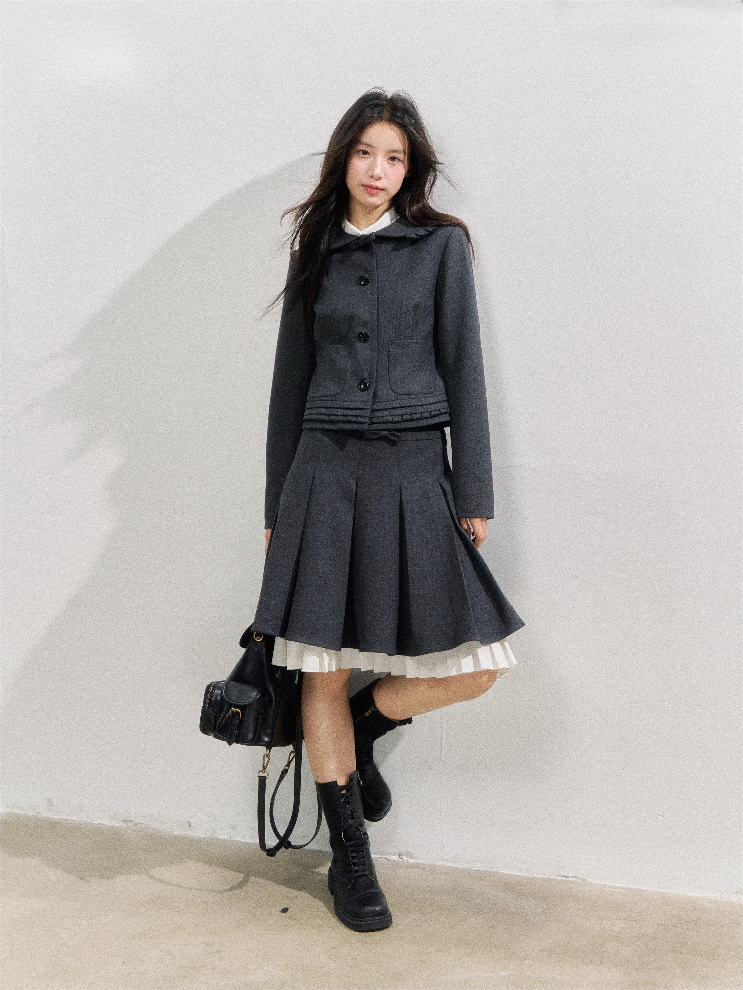 Charcoal College Blazer &amp; Pleated Skirt Set