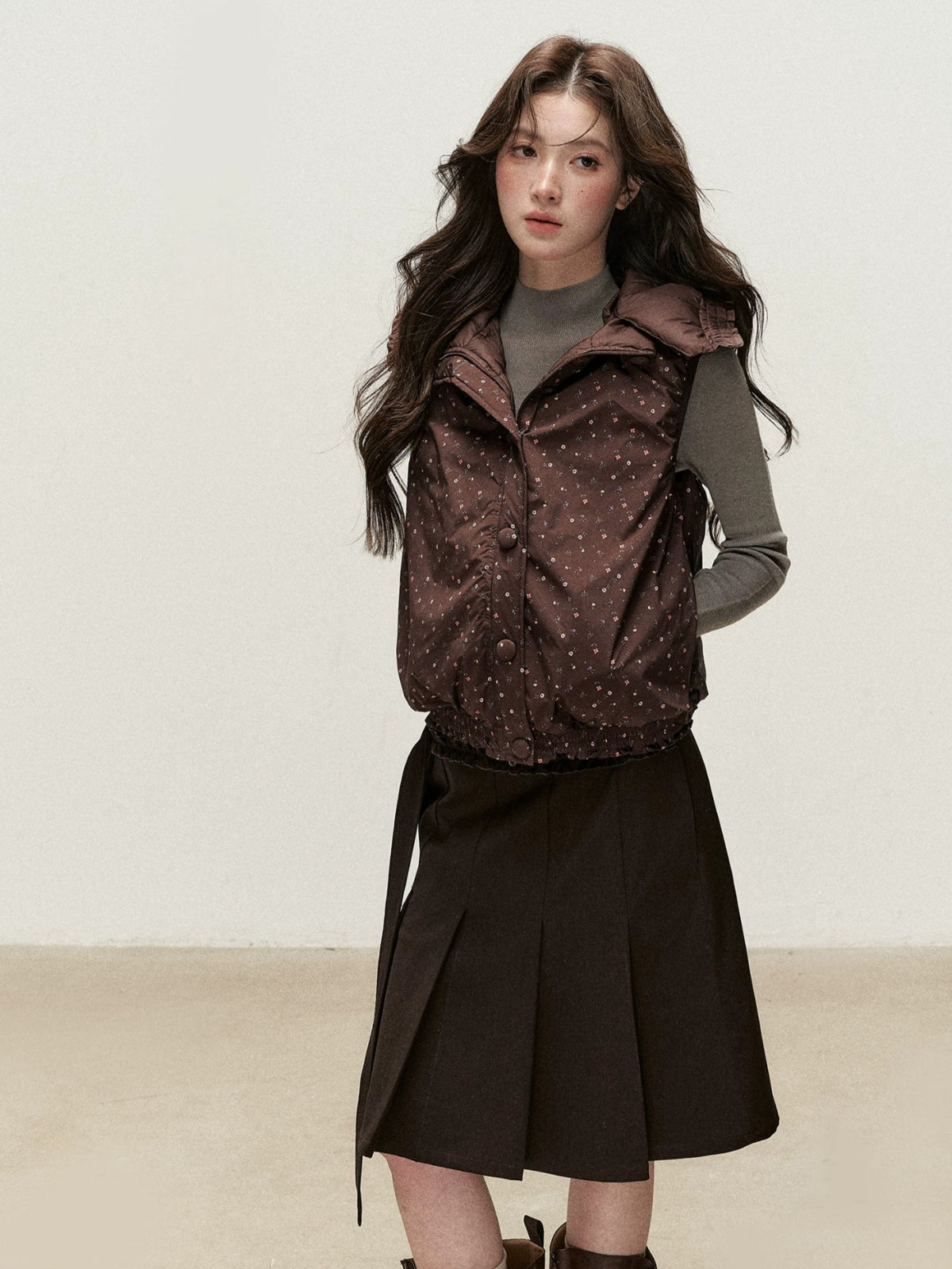 Reversible Floral Detachable Hood Down Vest
