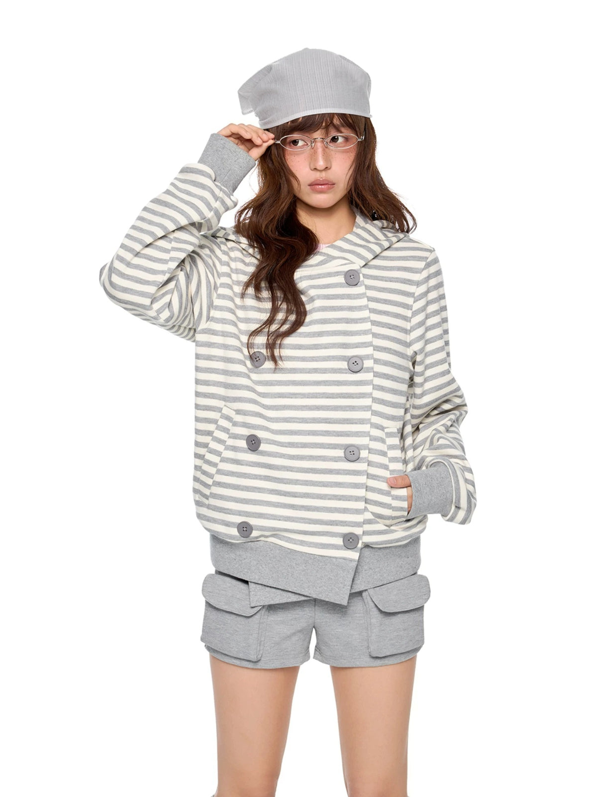 Double-Breasted Striped Hooded Cardigan