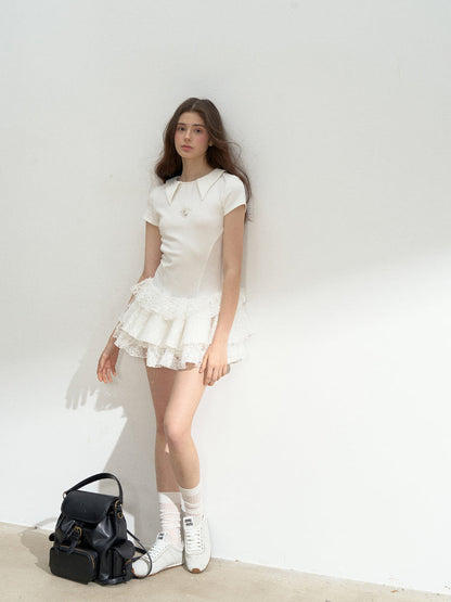 Multi-layer Lace Spliced Short-Sleeve Dress