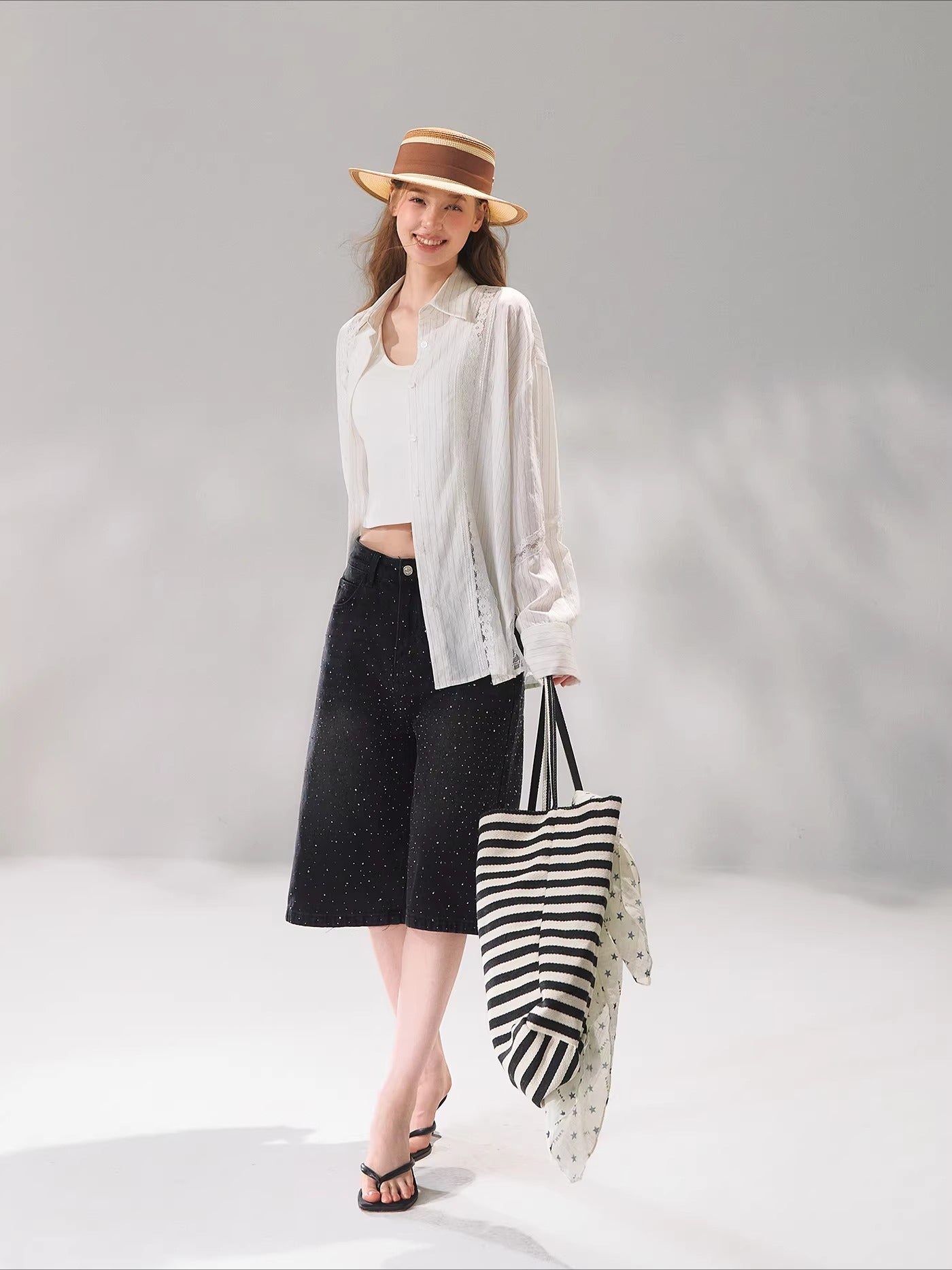 Rhinestone Washed Denim Culottes
