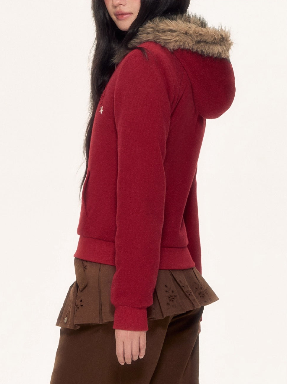 Red Fur Trim Hooded Fitted Cardigan