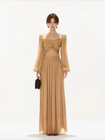 Brown Off Shoulder Butterfly Knot Maxi Dress