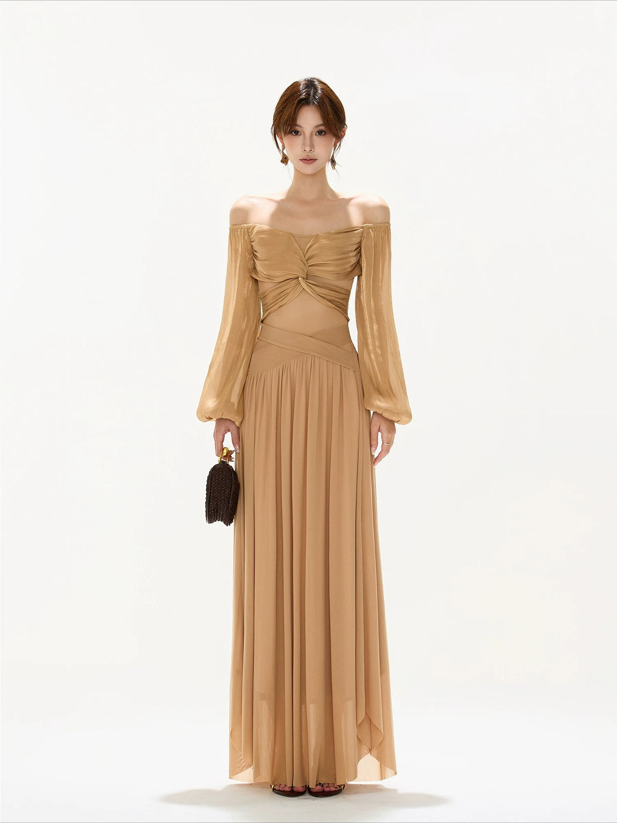 Brown Off Shoulder Butterfly Knot Maxi Dress