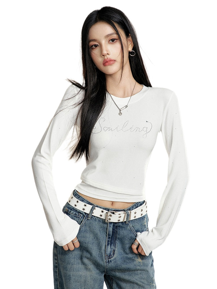 Black &amp; White Round Neck Fitted Long-sleeve T-shirt