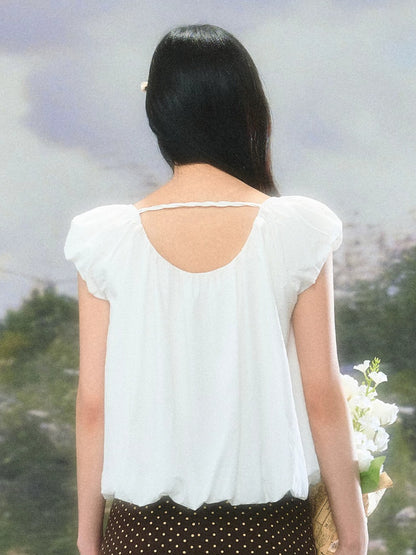White Puff Sleeve U-neck Top