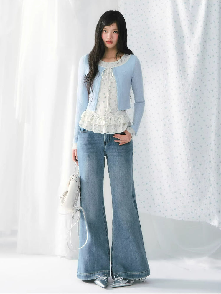 Floral Ruffle Faux Layered Knit Top