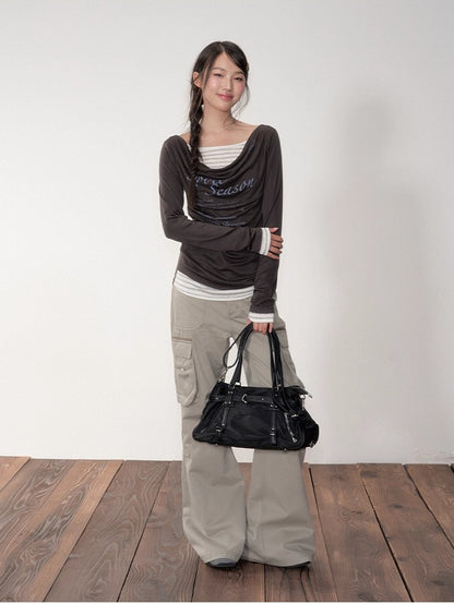 Blue &amp; Gray Printed Draped Long-Sleeve T-shirt